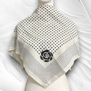 Elegant Women's White Scarf with Black Polka Dots and Floral Print